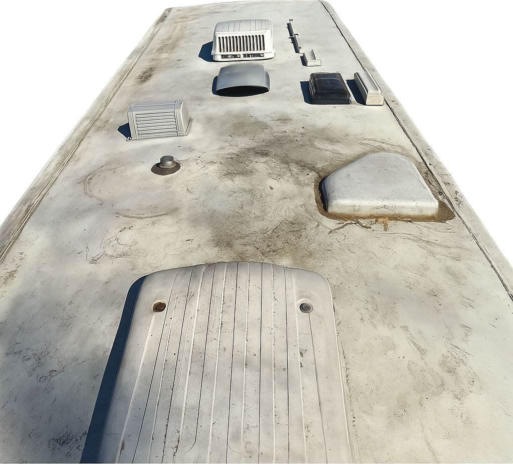 Damaged RV roof in Minnesota before commercial-grade repair — cracked, leaking, failing flashing around vents and skylights